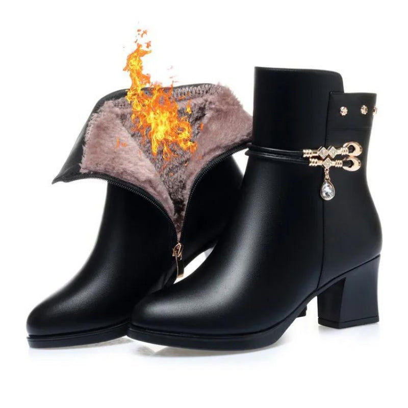 Women'S Large Size Fleece-Lined Mid-Calf Boots with Thick Low Heel & Zipper Closure - Round Toe PU Cover Winter Boots with Plush Lining, Warm & Stylish for Casual & Semi-Formal Outfits, Durable Rubber Sole (Red/) - Easy On/Of