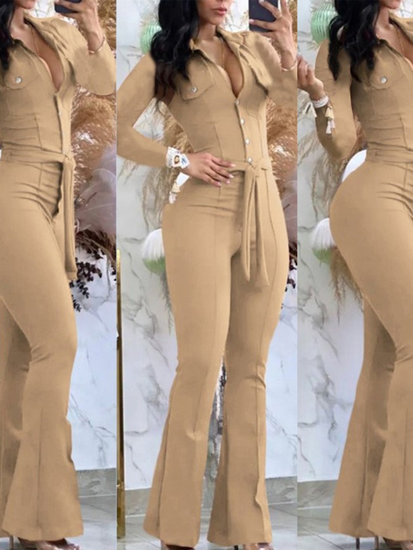 Women'S Casual Button-Front Collar Flared Cargo Jumpsuit with Belt - Vibrant Pink Wide-Leg Pants, Adjustable Waist & Functional Pockets, Cozy Winter Outfit for Everyday & Semi-Formal Wear, Easy-Care Durable Fabric (No Ironing