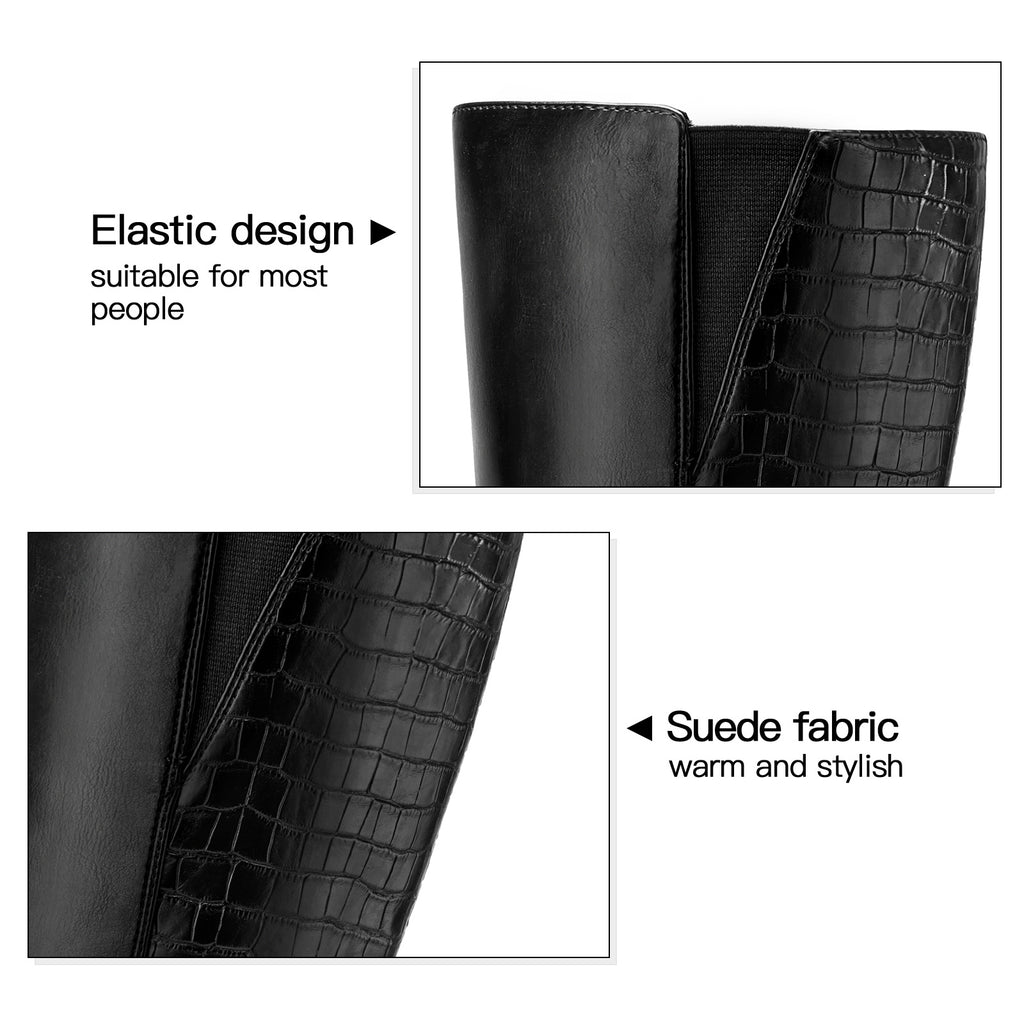 Women's Chunky Heel Knee-High Boots - Full-Length Round Toe PU Dress Boots with Back Zipper Closure, Thick Platform Heel (TPR Sole) & PU - Elegant Brown/ for Dresses, Skirts, Jeans - Versatile Fall Outfit