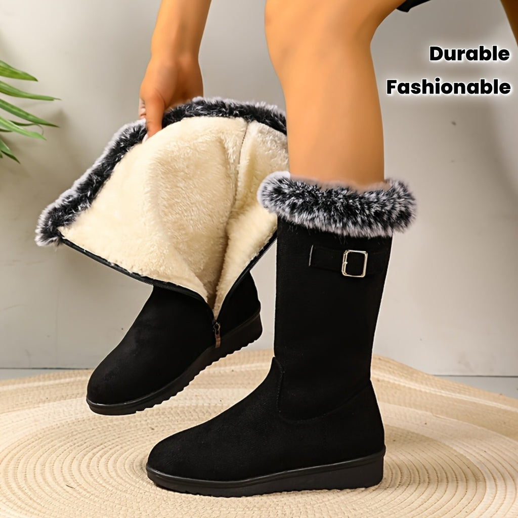 Women's Winter Boots - Slip-resistant PU Sole, Soft Interior Lining - Black - Cold Weather Footwear for Everyday & Formal Events - Cozy Booties, Ladies Winter Boots, Formal Cold Boots, Fashionable Booties, Plush Fabric Lining