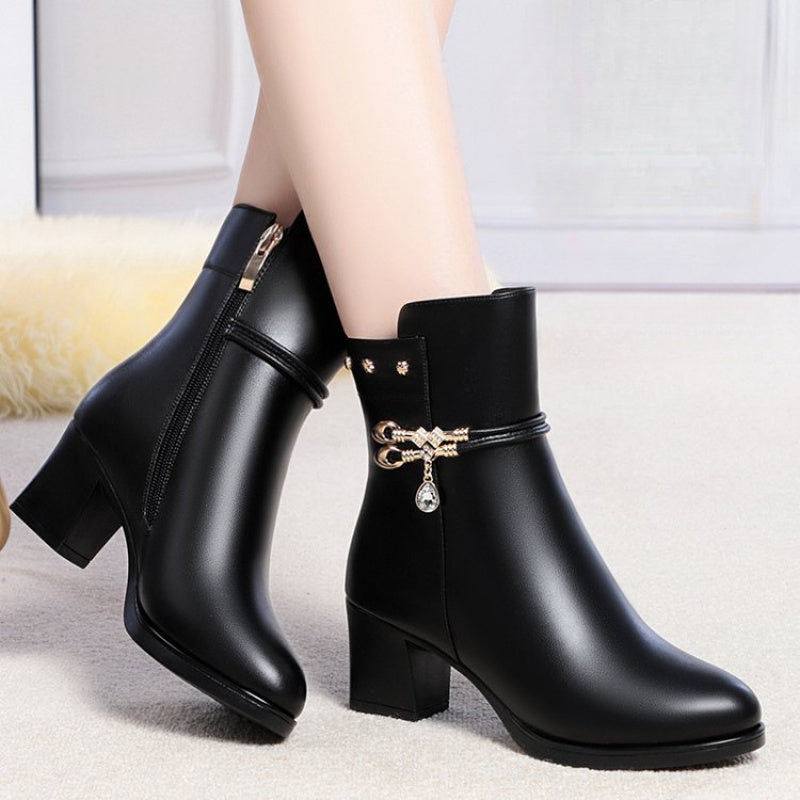 Women'S Large Size Fleece-Lined Mid-Calf Boots with Thick Low Heel & Zipper Closure - Round Toe PU Cover Winter Boots with Plush Lining, Warm & Stylish for Casual & Semi-Formal Outfits, Durable Rubber Sole (Red/) - Easy On/Of