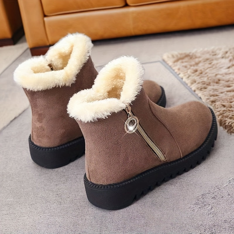 Women'S Winter Snow Boots with Side Zipper & Rhinestone Chain - Thick Rubber Sole, Warm Fleece Lining, Round Toe & Cushioned Insole - Elegant Casual Boots for