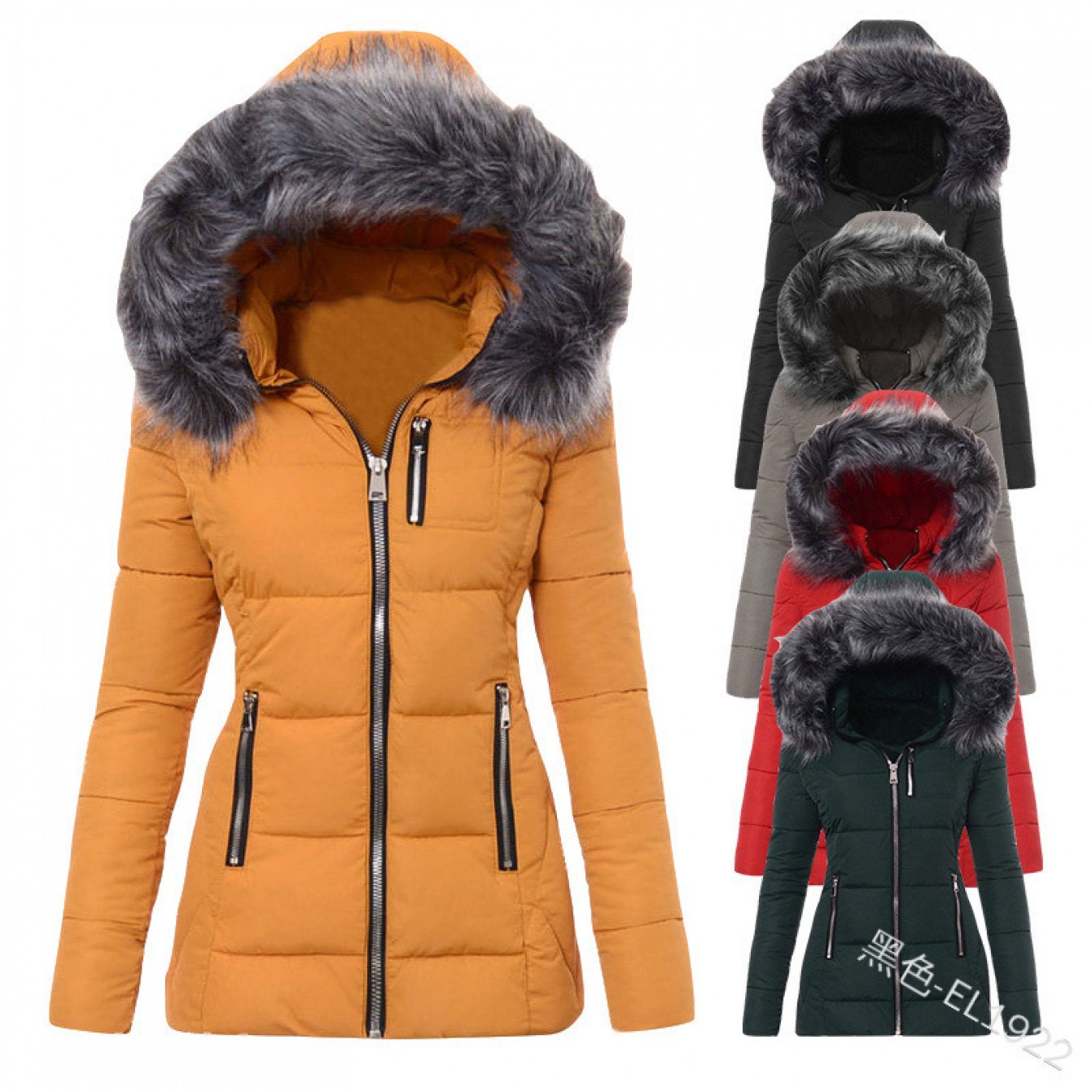 Women'S Slim Fit Winter Parka with Hooded Faux Fur Collar & Full-Zip Front - Thick Insulated Padded Jacket, Belted Waist, Long Sleeve Elegant Coat for Cold Weather, Casual & Formal Outfits (OrangeRed/Grey) - 2025 New Design,