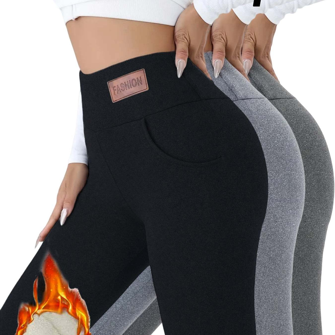 3pcs Women'S High-Waisted Plush-Lined Leggings with Pockets - Soft, Warm, Stretchy & Comfortable for Fitness, Casual Wear, and Outdoor, Solid Color, High Elasticity, Perfect for Fall and Winter, Leggings | Highwaisted Legging