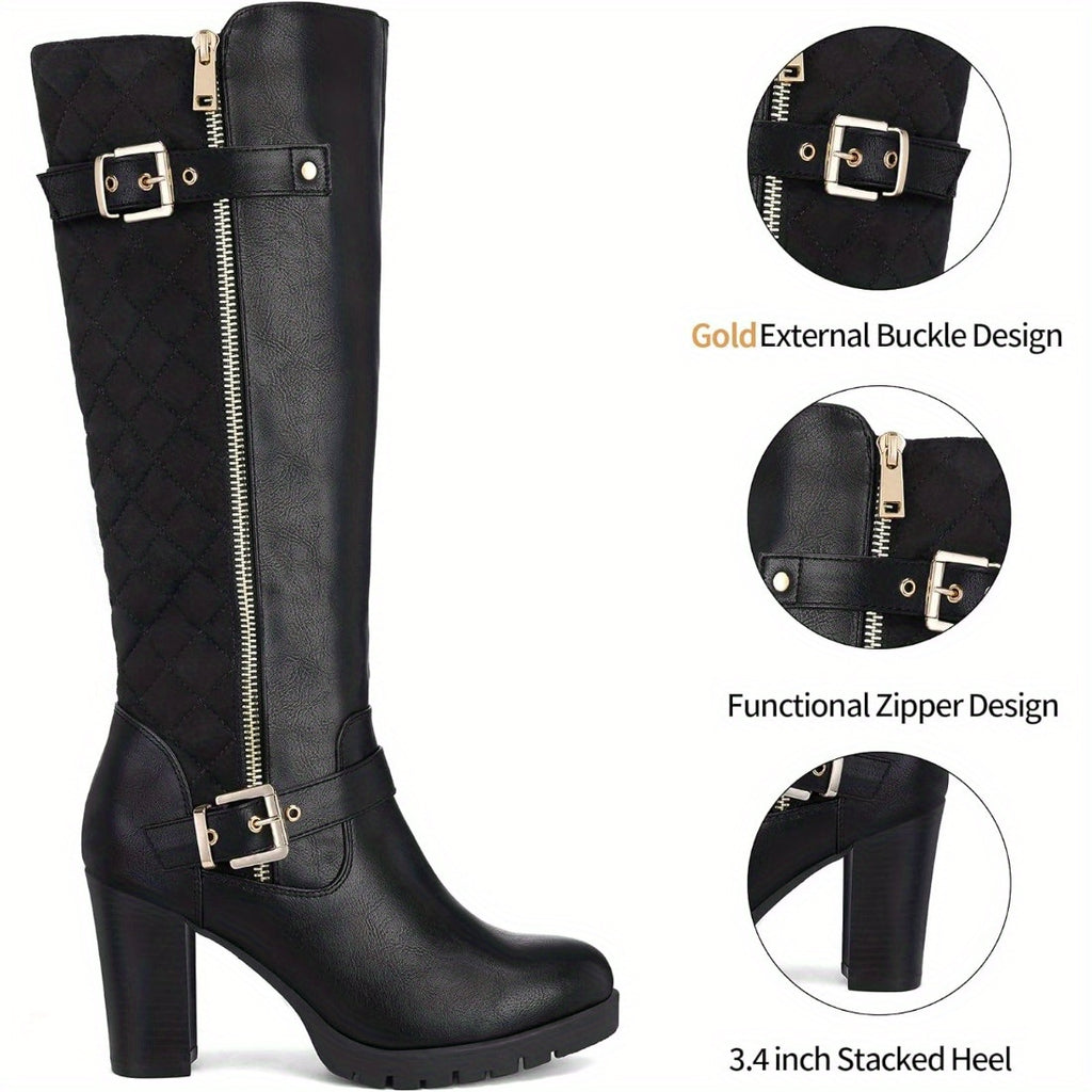 Women's Glossy Faux Cover-like Synthetic Cover Knee-High Boots with Chunky Block Heel & Golden-Tone Zipper - Winter Warm TPR Sole, Pointed Toe & Side Zipper Closure - Solid Black/Color Options - Elegant Winter Boots for Dress