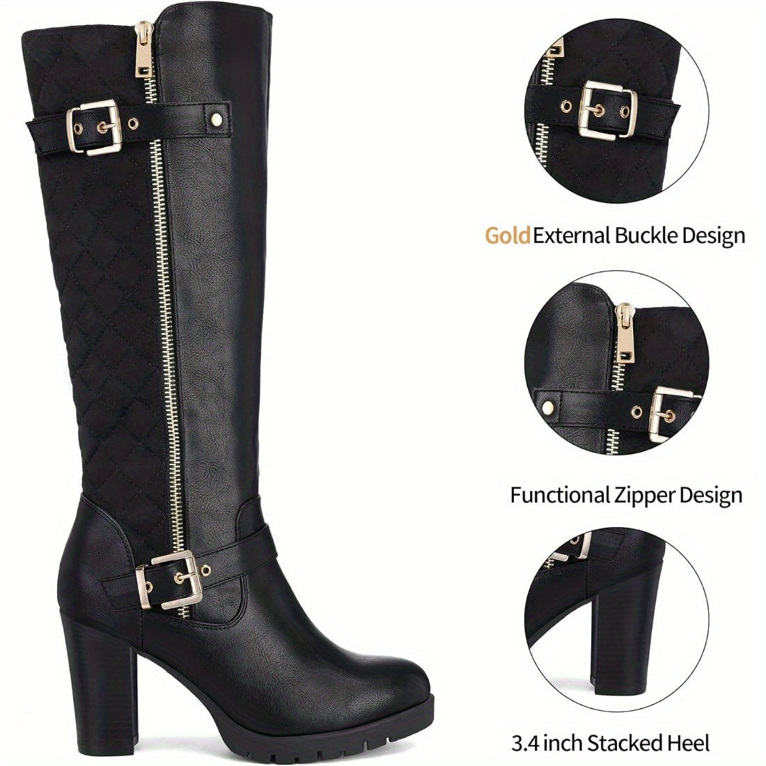 Women's Glossy Faux Cover-like Synthetic Cover Knee-High Boots with Chunky Block Heel & Golden-Tone Zipper - Winter Warm TPR Sole, Pointed Toe & Side Zipper Closure - Solid Black/Color Options - Elegant Winter Boots for Dress