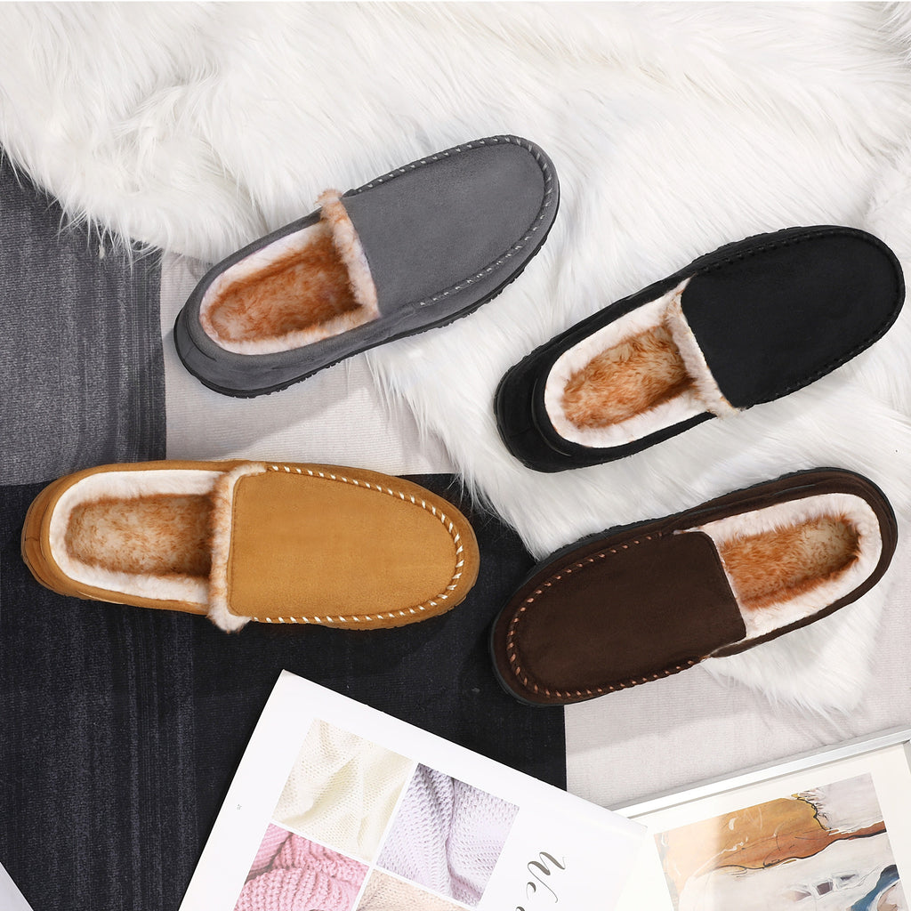 Men's Comfy Fuzzy Lining Moccasin Slippers - Soft, Breathable, Slip-Resistant Indoor Shoes for Business Office, Everyday Wear - Perfect for Cold Winter Days