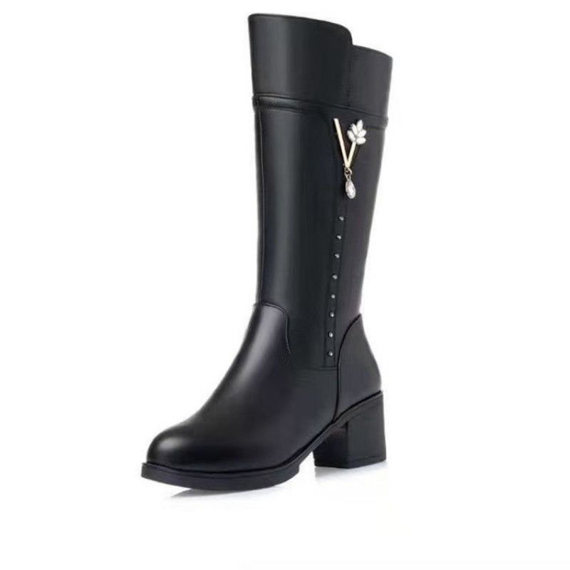's Winter Fleece-Lined Rhinestone-Decorated Chunky Heel Mid-Calf Boots with -Like Collar-Like Trim - Round Toe Zipper Closure, Faux & Rubber Sole - Warm Snow Boots for Parties,, Everyday (Black) - Dress