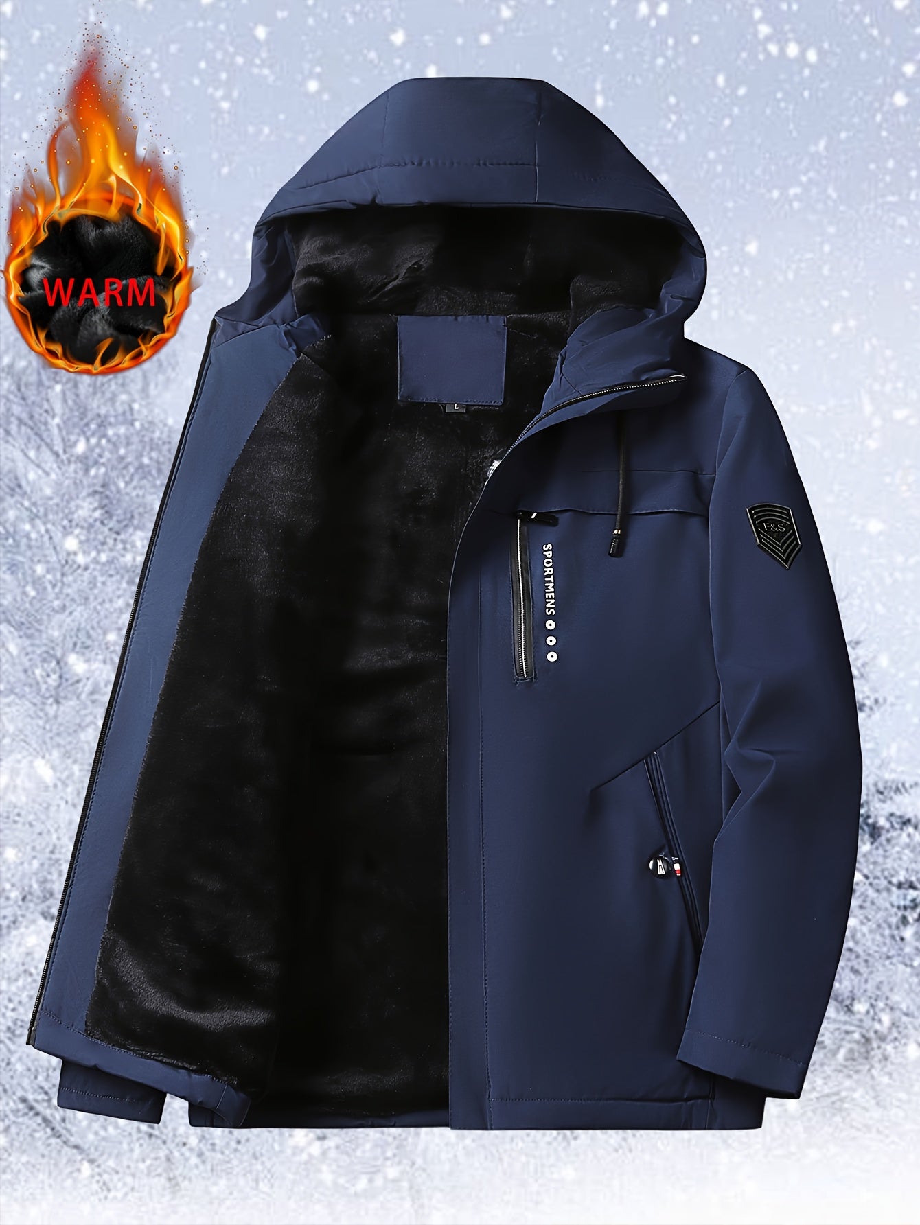 Men's Heavy-Duty Windproof Winter Jacket with Full-Zip Hooded Hoodie, & Snowboard Coat - Machine Washable Cold Weather Gear, Long Sleeve Zippered Pockets (No Belt) for Hiking, Snow Travel - Black/Blue Color Options (