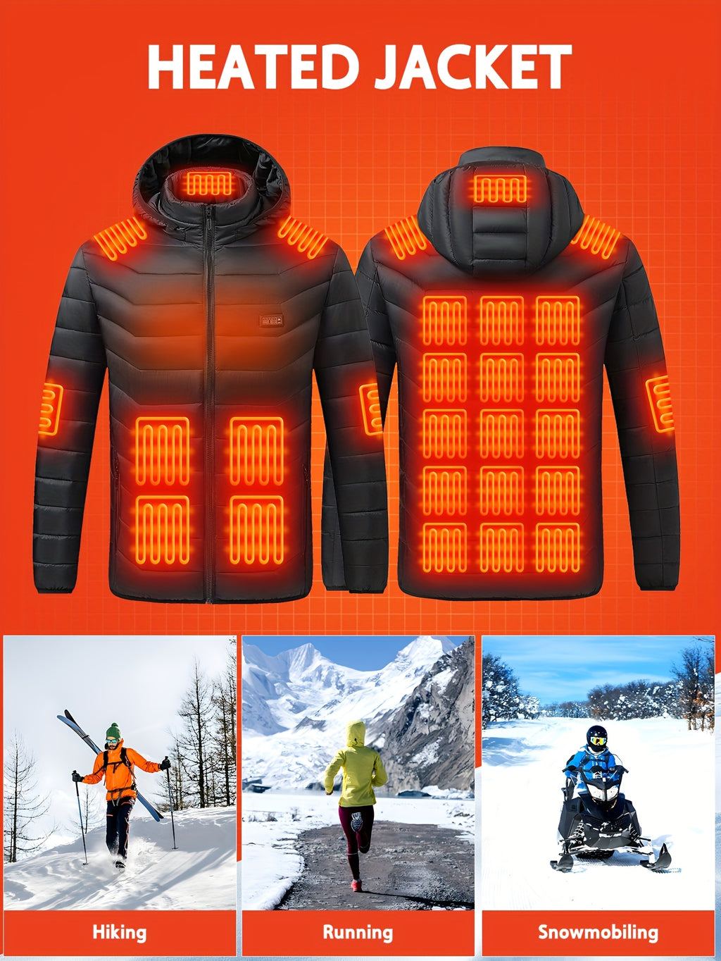 MOSSROZZ Smart Heated Jacket with 26 Heating Zones, USB-Powered Electric Heating, 4 Control Buttons & 3 Heat Settings, USB-C Fast Charging, Long-Lasting Battery (Battery Pack Not Included) - Heavy-Duty Polyester Winter Jacket