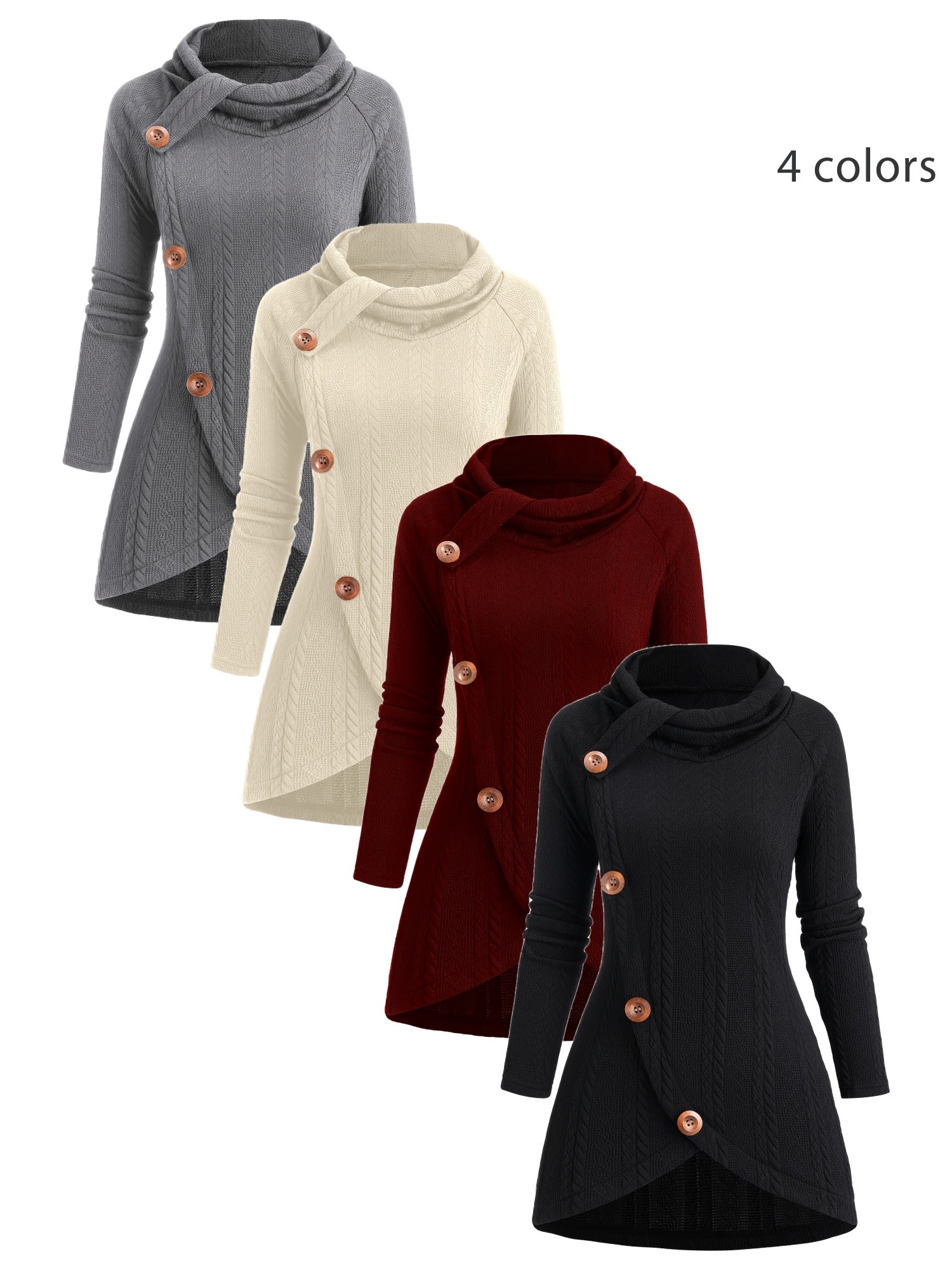 Women'S Casual Knit Cardigan, Asymmetrical High Neck Long Sleeve Top with Decorative Buttons, Solid Color Polyester 95% Spandex 5% Fall/Winter Outerwear, 320g/m² Fabric Weight
