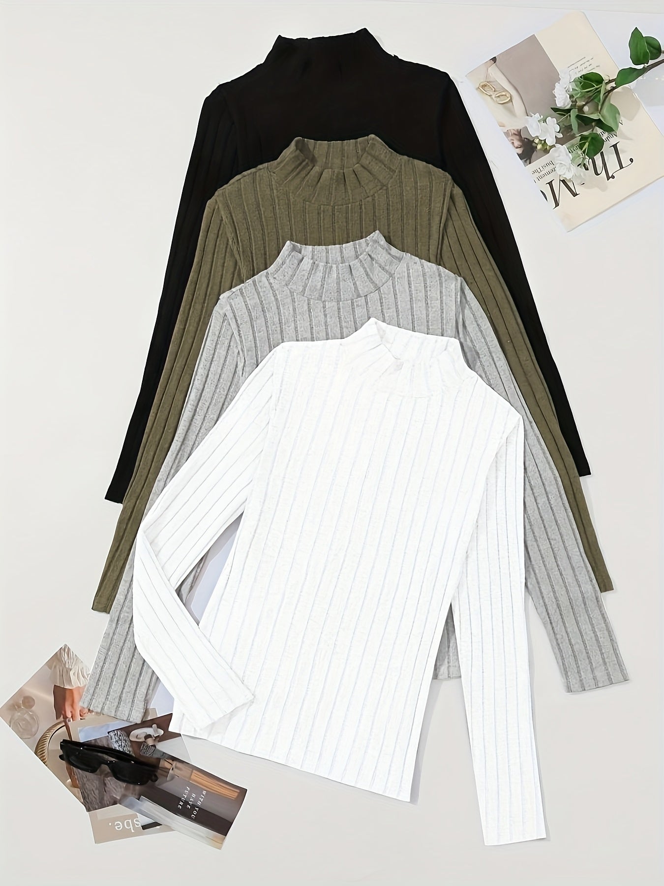 4pcs Solid Color Ribbed T-Shirt Set