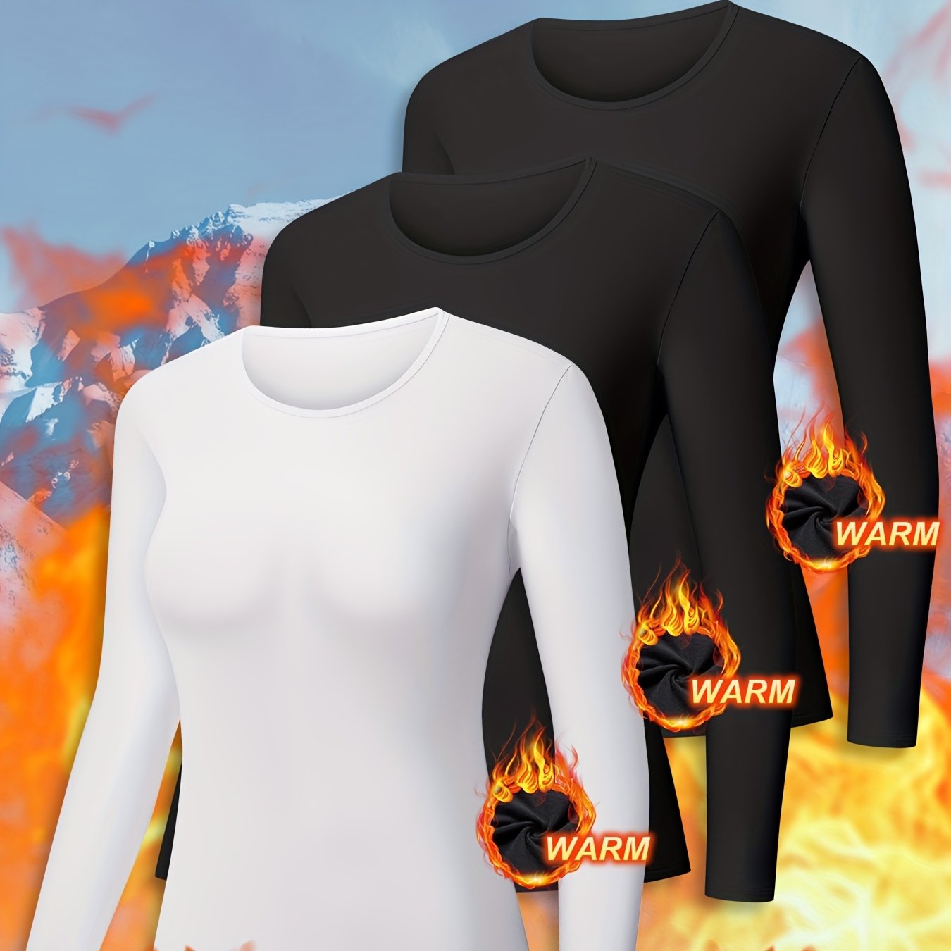 3pcs Women's Thermal Tops Fleece Lined Base Layer Soft Stretchy Long Sleeve Undershirts for Cold Weather, Winter Essentials, Layering Basics, Cozy Loungewear, Minimalist Style, Comfortable Fit, Fleece Undershirt, Women's Fash