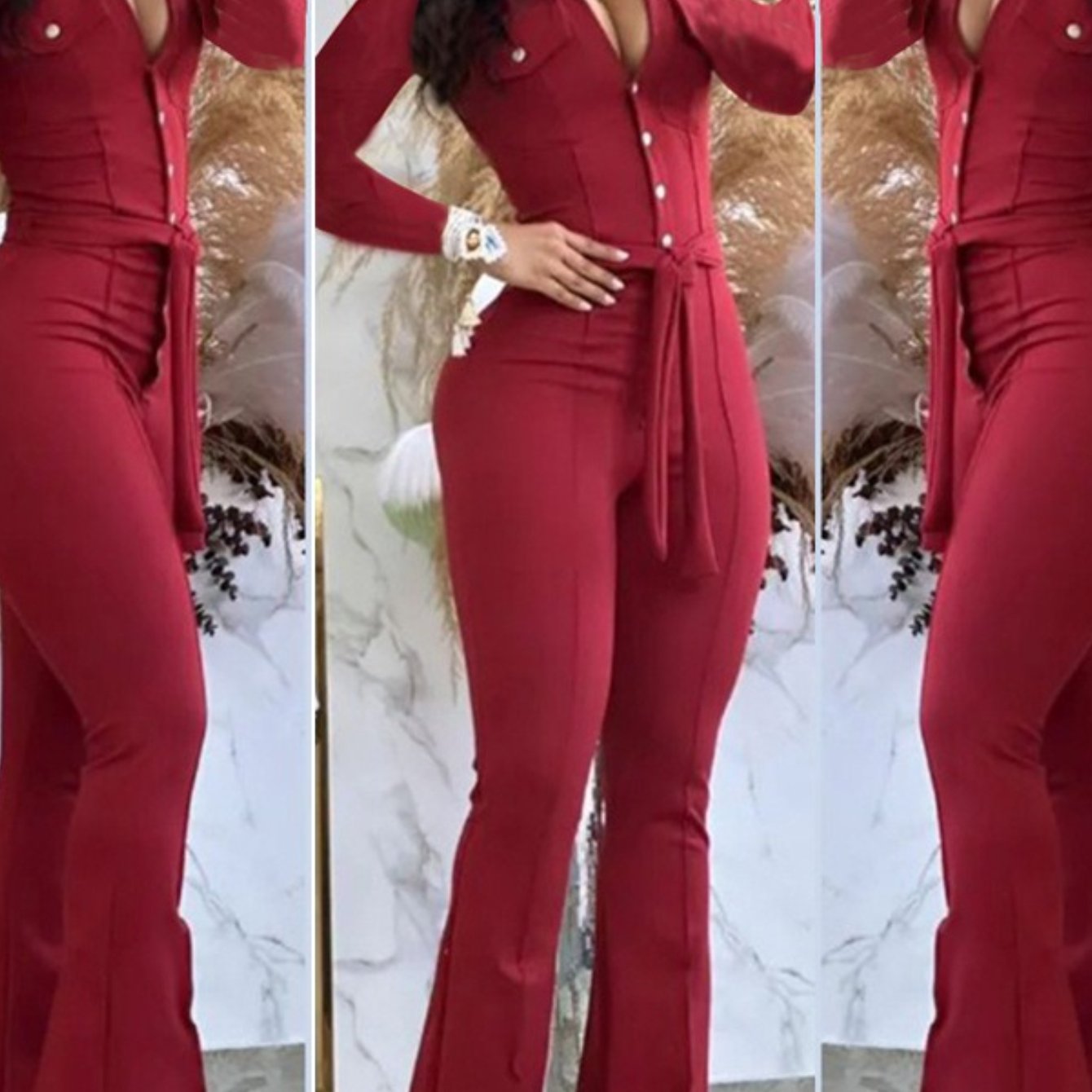Women'S Casual Button-Front Collar Flared Cargo Jumpsuit with Belt - Vibrant Pink Wide-Leg Pants, Adjustable Waist & Functional Pockets, Cozy Winter Outfit for Everyday & Semi-Formal Wear, Easy-Care Durable Fabric (No Ironing