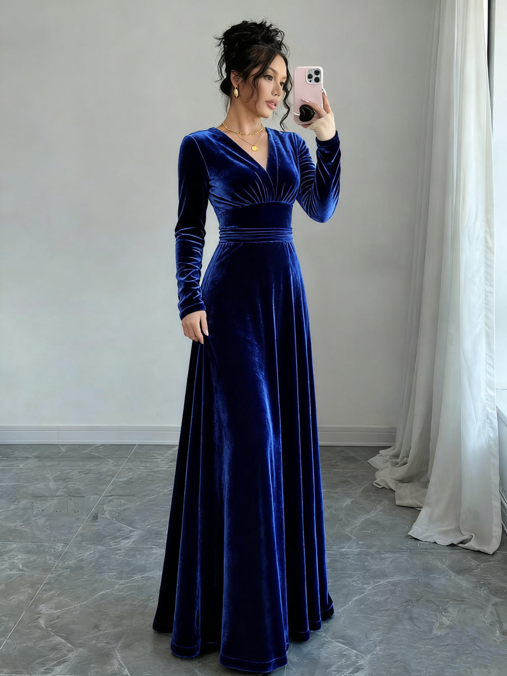 Women'S Elegant Navy Formal & party dress - Long Sleeve flared gown, V-Neck Evening Gown for Galas, Awards, Everyday - Fall Winter Formal Attire