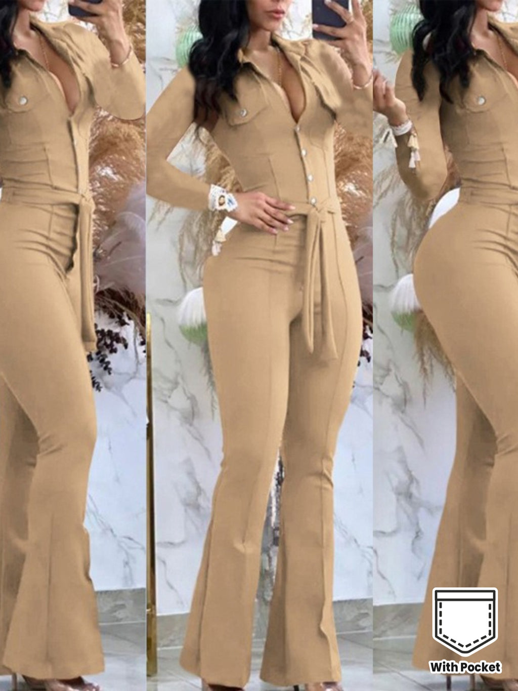 Women'S Casual Button-Front Collar Flared Cargo Jumpsuit with Belt - Vibrant Pink Wide-Leg Pants, Adjustable Waist & Functional Pockets, Cozy Winter Outfit for Everyday & Semi-Formal Wear, Easy-Care Durable Fabric (No Ironing