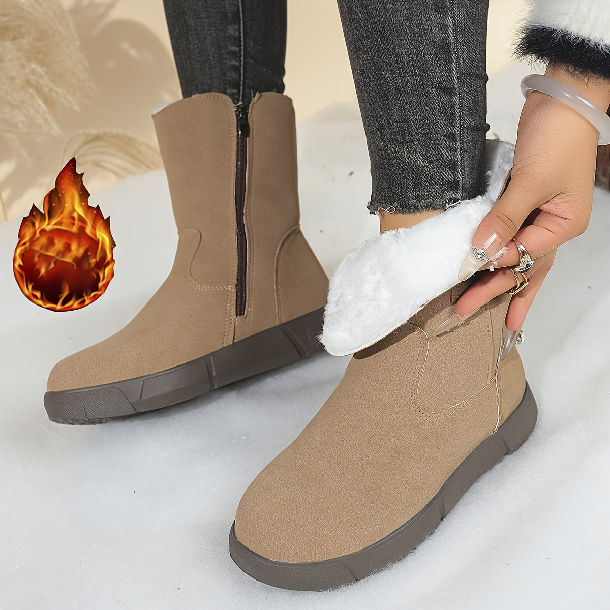 Women'S Cozy Fleece-Lined Winter Boots with Zipper Closure - Round Toe, Low Heel, Synthetic Cover Upper, Rubber Sole, Casual Style for All-Season, Winter Boots For Women, Cold Weather Footwear