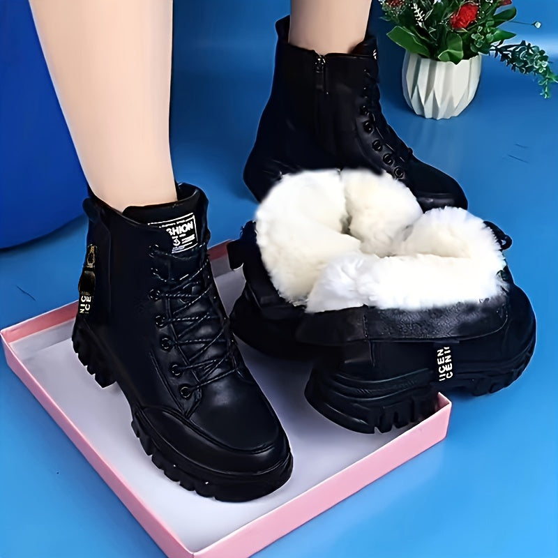 Women'S Winter Boots - Thick Platform Sole for Cold Weather, Lace-Up Ankle Boots with Cushioned Insole - Non-Slip Rubber Outsole - Black Synthetic Cover-like Shoes for Everyday & Formal Outfits - Easy-Clean Winter Footwear, L