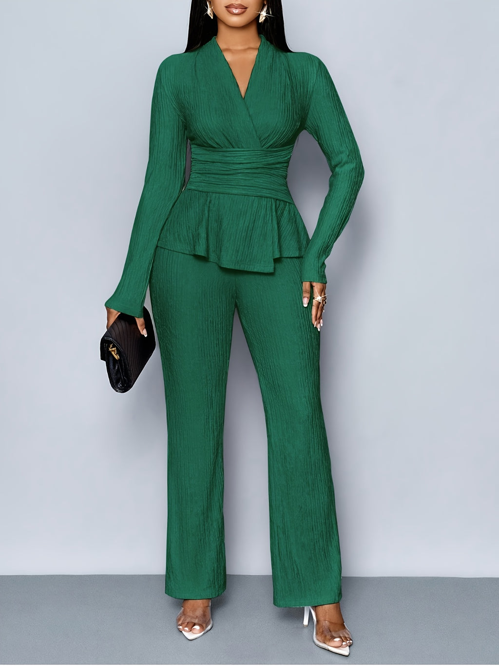 Elegant V-Neck Wrap Set for Women Blouse and Tailored Pants Set - Great for Work and Events