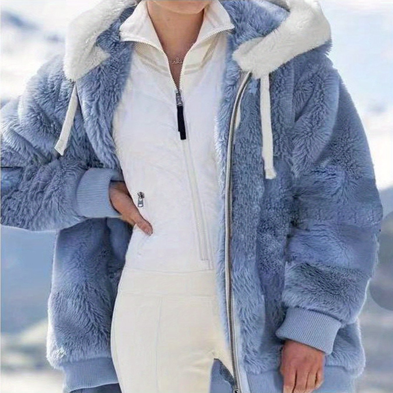 Women'S Y2K Plush Zip-Up Hooded Jacket - Mint Green Loose Fit with Pockets, Soft Faux Fur Lining, Machine Washable for Spring Summer Fall Casual Outerwear, Seasonal Fashion, Hooded Design, Durable Construction, Stylish Coat,
