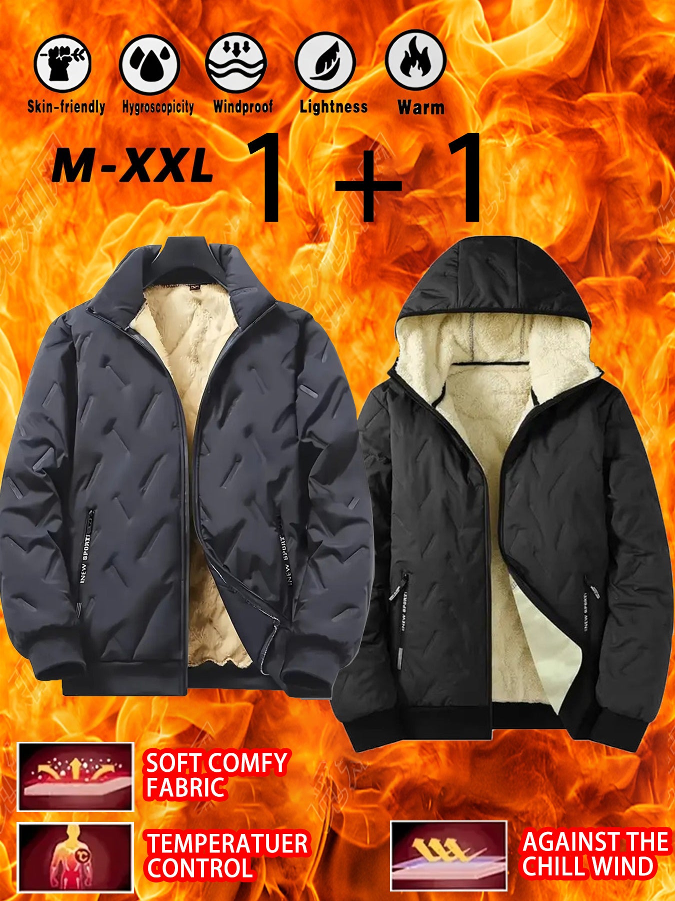 2pcs - High quality two-piece Men's standing collar jacket, long sleeved jacket, Men's hooded long sleeved jacket, Men's winter casual jacket set, with plush lining polyester fabric zipper pocket, suitable for sports, leisure