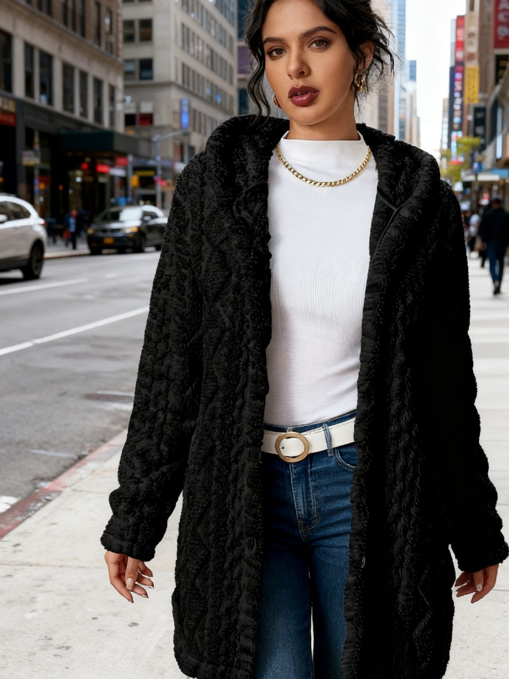 Women's Plush Fuzzy Hooded Cardigan Coat - Luxe Cable--Like Jacket with Button-Front Closure, Soft Beige Winter Sweater for Blouses & Jeans, Hand Washable Mid-Length Outerwear (No Belt)