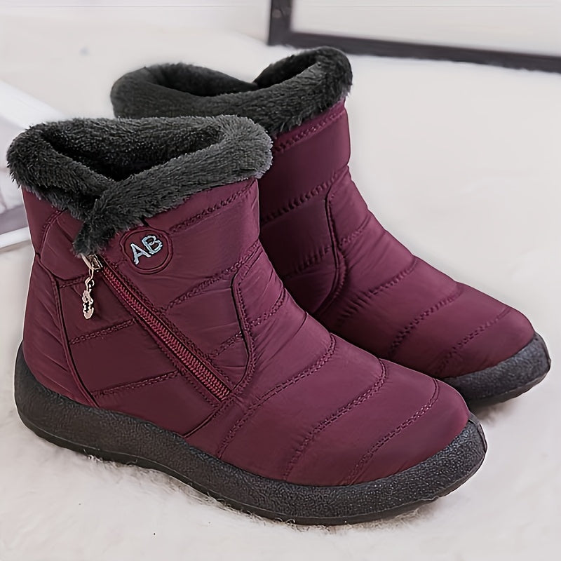 Women's High Quality Winter Thermal Snow Boots - Heavy-Duty -like Texture (PU) Round-Toe with Faux Trim, Lace-Up Ankle Boots with Arch & Traction Tread for Ice & Snow - Burgundy/ Color Options, Warm & Durable Winter Shoes for