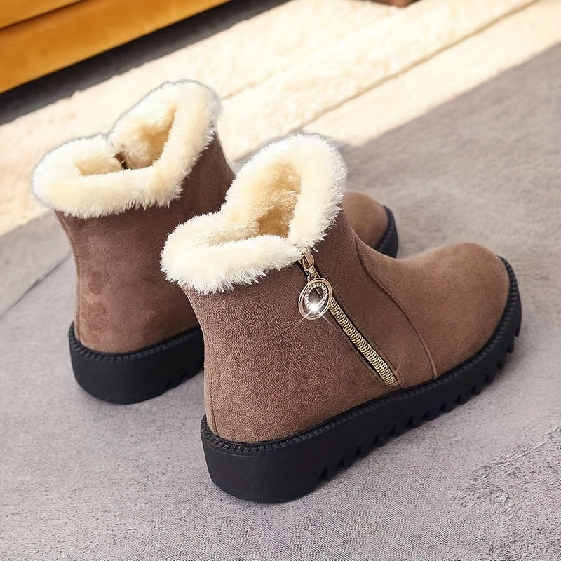 Women'S Winter Snow Boots with Side Zipper & Rhinestone Chain - Thick Rubber Sole, Warm Fleece Lining, Round Toe & Cushioned Insole - Elegant Casual Boots for