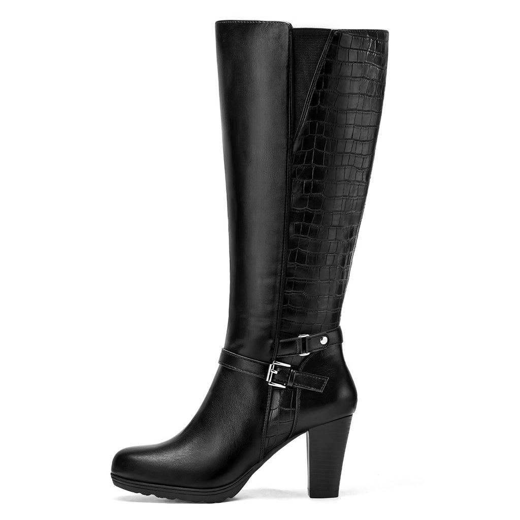 Women's Chunky Heel Knee-High Boots - Full-Length Round Toe PU Dress Boots with Back Zipper Closure, Thick Platform Heel (TPR Sole) & PU - Elegant Brown/ for Dresses, Skirts, Jeans - Versatile Fall Outfit