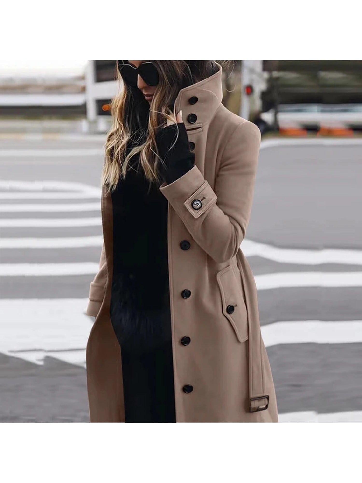 Women's Elegant Single-Breasted Stand Collar Winter Pea Coat - Long Midi Length Jacket with Pockets, Solid Color Business Casual Outerwear for or Cold Weather, Hand Washable Coat