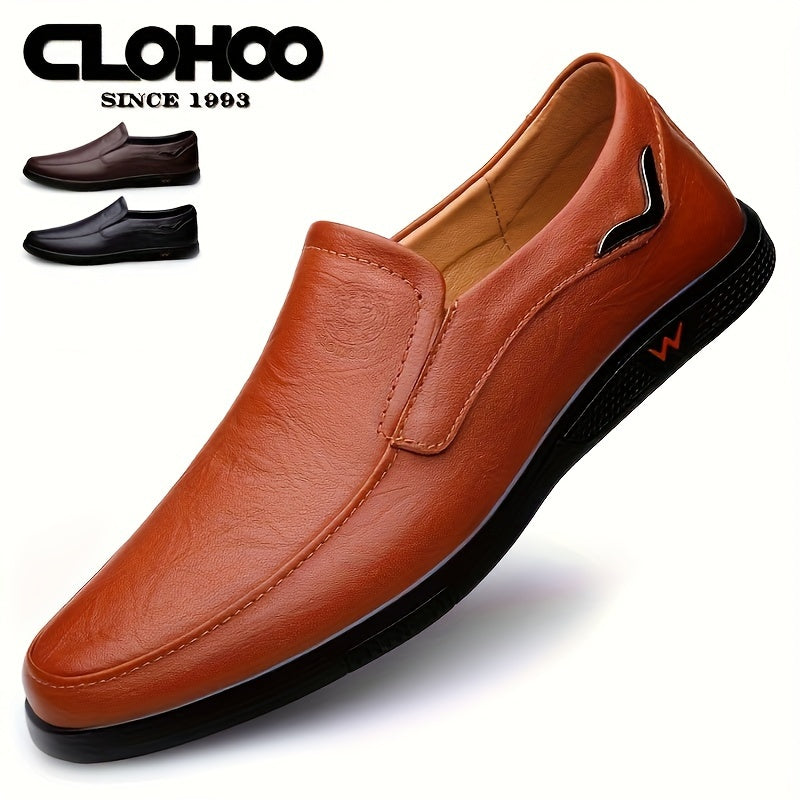 CLOHOO Men's Slip-On/Slip-Resistant Genuine Leather-like (Split Cowhide) Shoes - All-Season Casual & Dressy -like Sneakers with PU, Non-Skid Rubber Sole, Black/Brown for Business, Vacation, Casual Attire (No Laces)