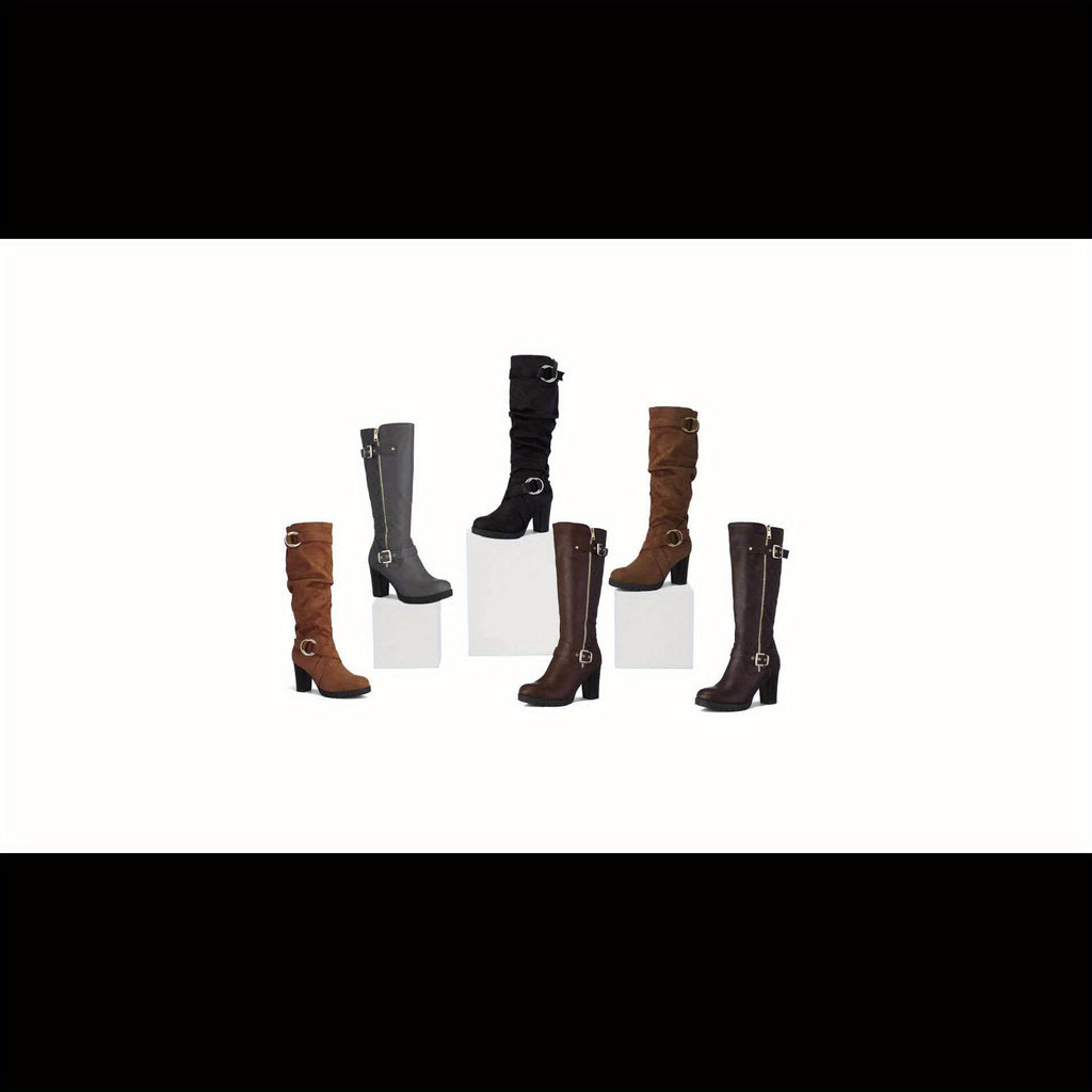 Women's Glossy Faux Cover-like Synthetic Cover Knee-High Boots with Chunky Block Heel & Golden-Tone Zipper - Winter Warm TPR Sole, Pointed Toe & Side Zipper Closure - Solid Black/Color Options - Elegant Winter Boots for Dress