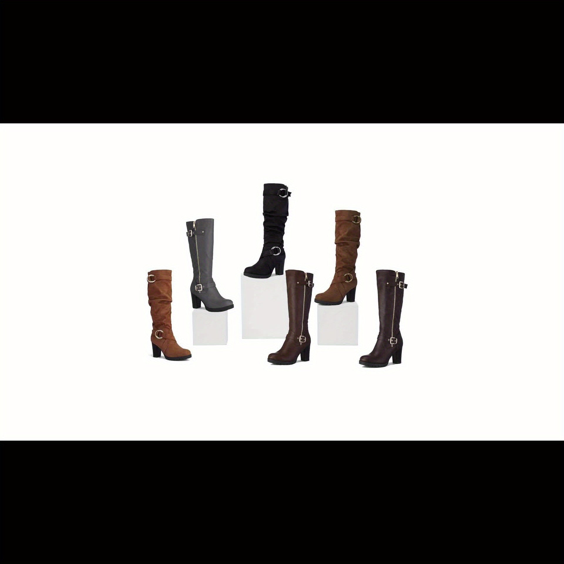 Women's Glossy Faux Cover-like Synthetic Cover Knee-High Boots with Chunky Block Heel & Golden-Tone Zipper - Winter Warm TPR Sole, Pointed Toe & Side Zipper Closure - Solid Black/Color Options - Elegant Winter Boots for Dress